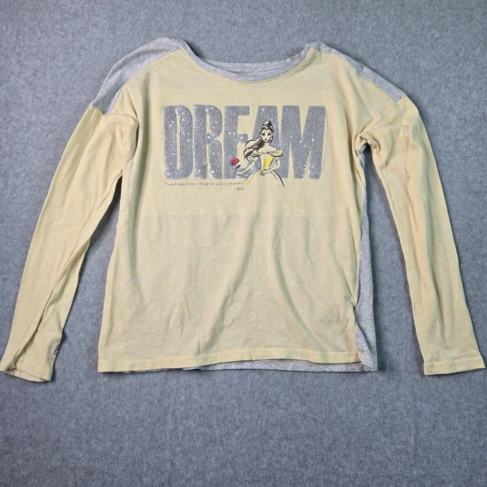 Gap Kids‎ Disney Belle Long Sleeve Shirt XL 12 Yellow Gray Sequin Dream Graphic
